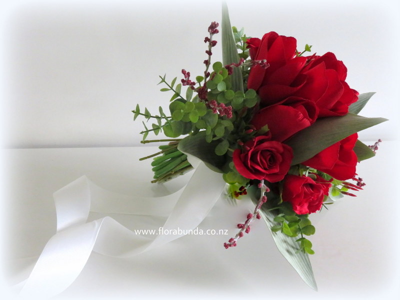 Artificial red tulips and roses wedding bouquet