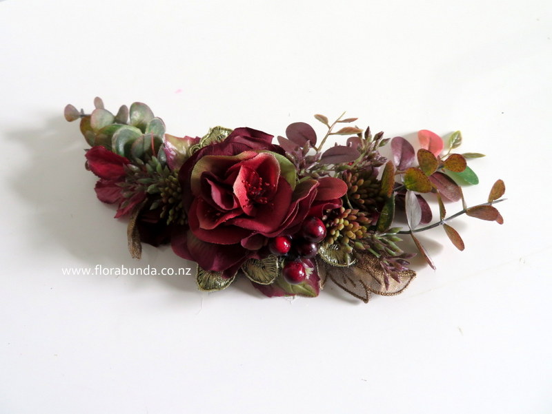 Gold hair flower spray with burgundy
