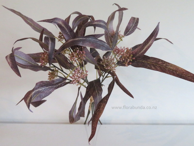 Burgundy brown eucalyptus leaves with pink seed heads