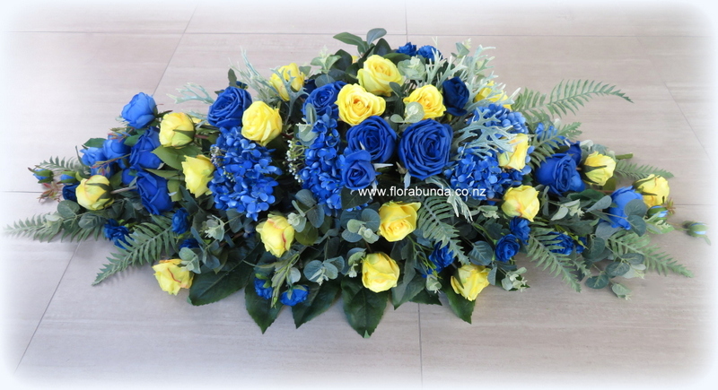 Silk flowers for Coffin Blue and yellow roses