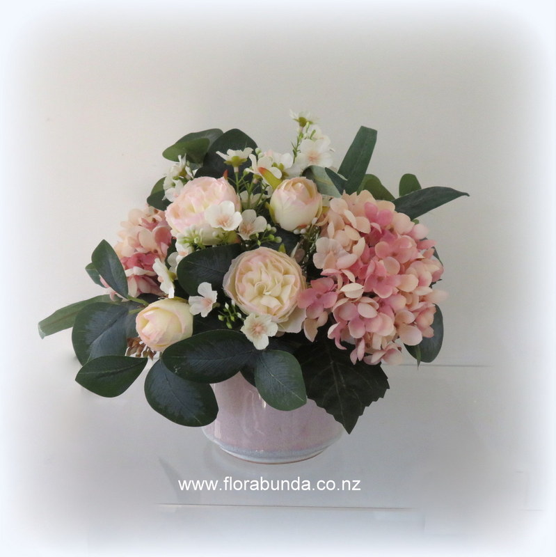 Soft blush flowers with Eucalptus leaves