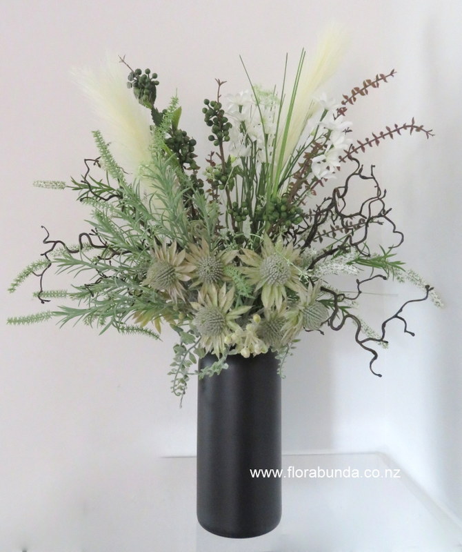 Wild Flowers green & white Faux in Black vase - Image 2