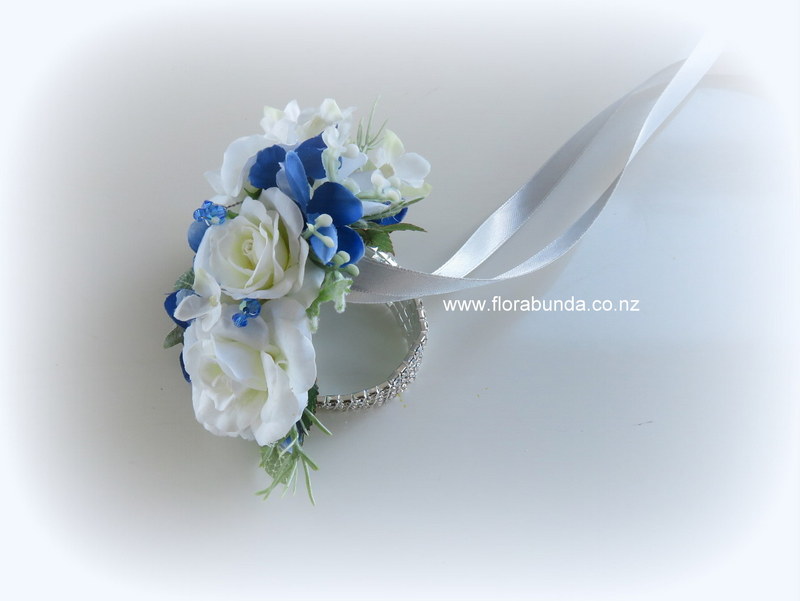 Blue and white wrist corsage on silver diamante bracelet - Image 2