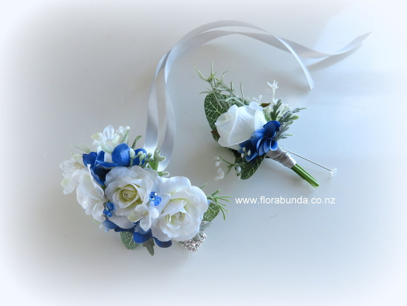 Blue and white wrist corsage on silver diamante bracelet - Image 3