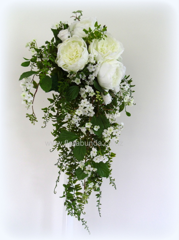 side view of trailing artificial brides bouquet
