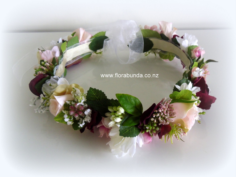 Burgundy and pink floral head crown with ribbon ties - Image 2