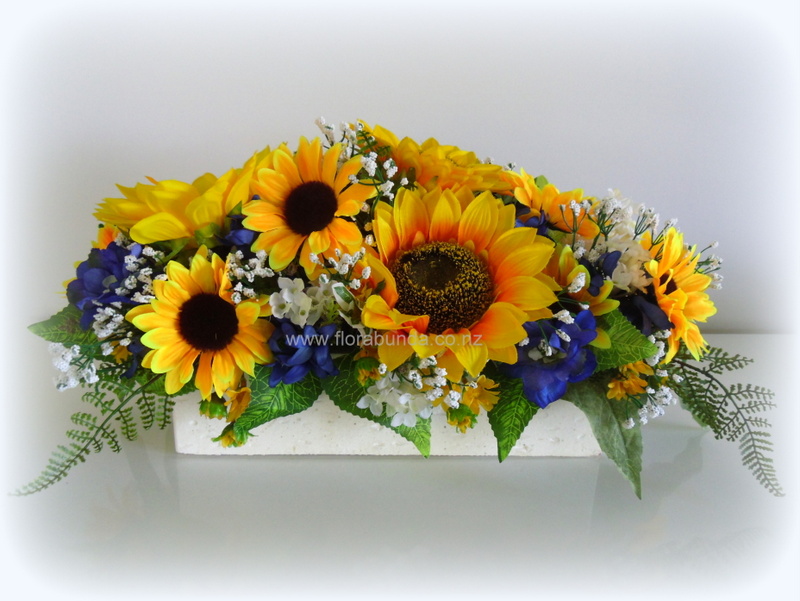 Sunflower and Blue Long Cemetery Arrangement