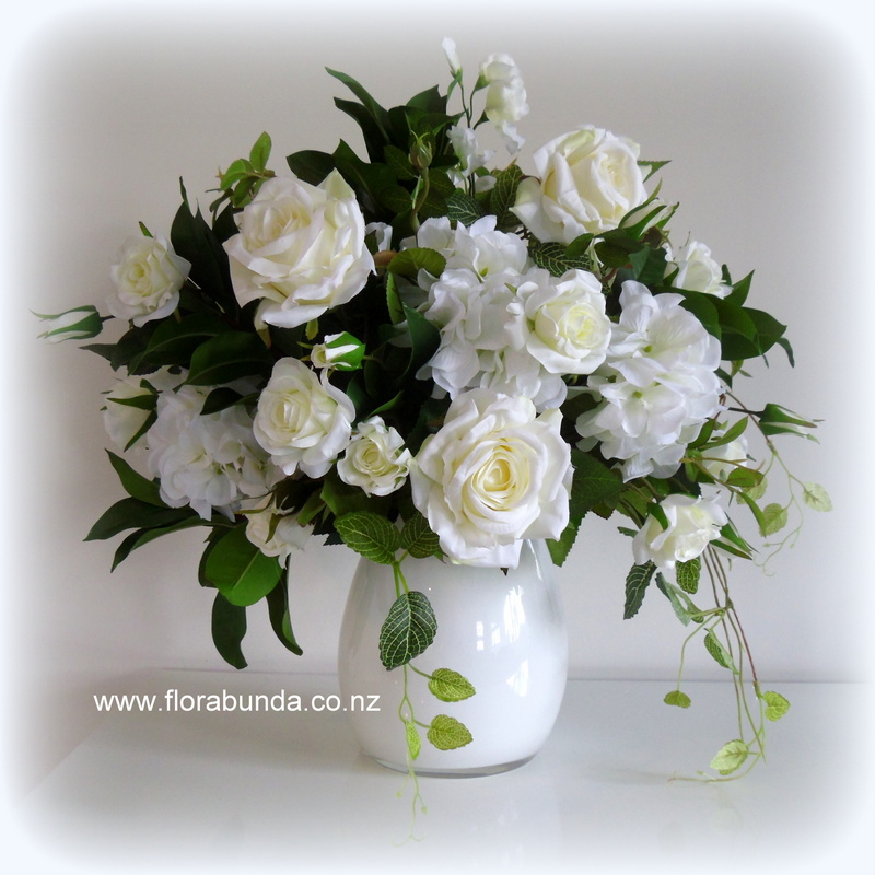 White Vase with large White & Green Arrangement